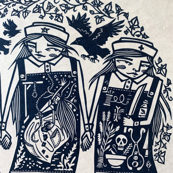 PRE-ORDER - Three Cunning Women - *Limited Edition* linocut print (30 cm x 30 cm)