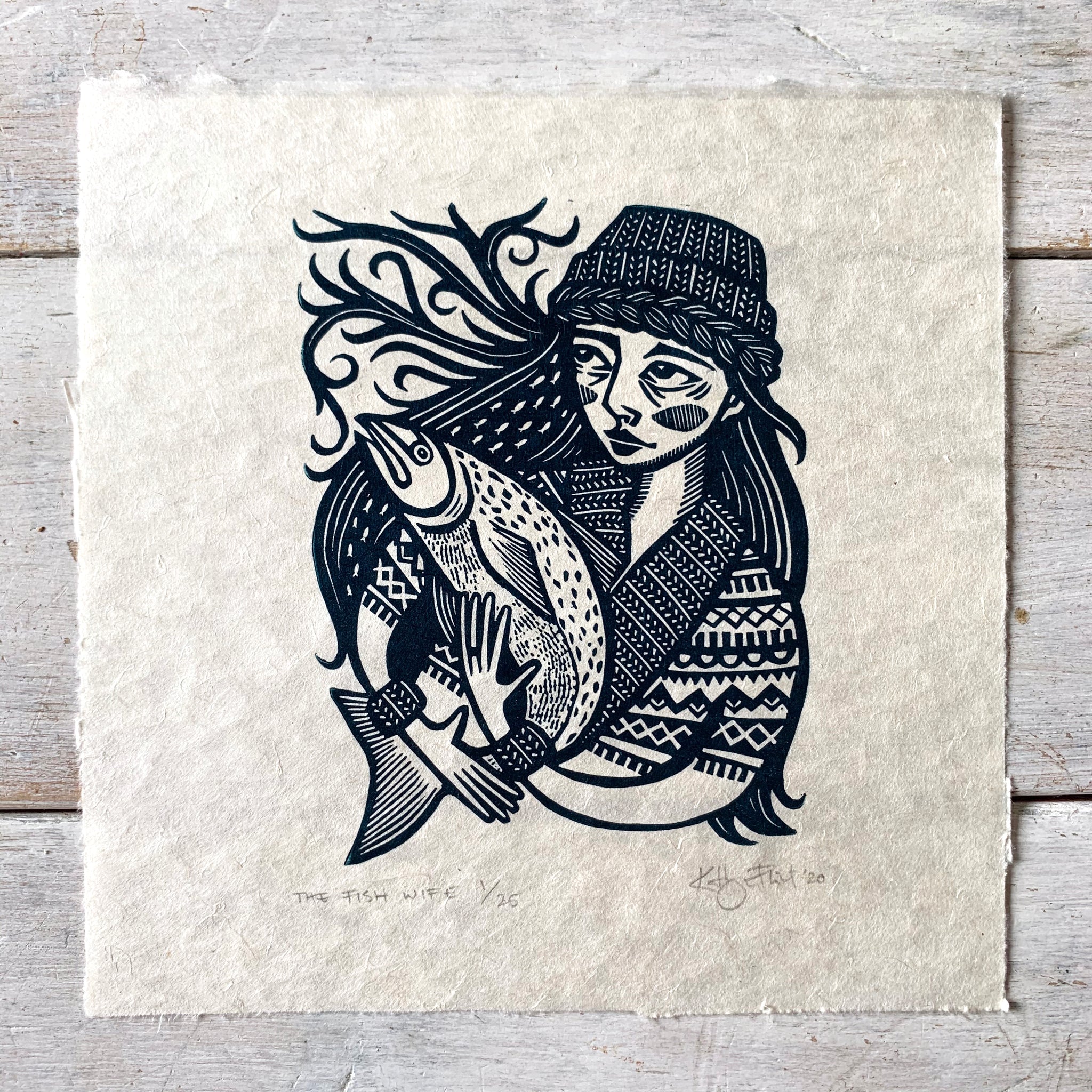 SOLD OUT The Fish Wife II - *Limited Edition* linocut print (navy on Kitakata; 17 cm x 17 cm)