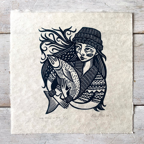 SOLD OUT The Fish Wife II - *Limited Edition* linocut print (navy on Kitakata; 17 cm x 17 cm)