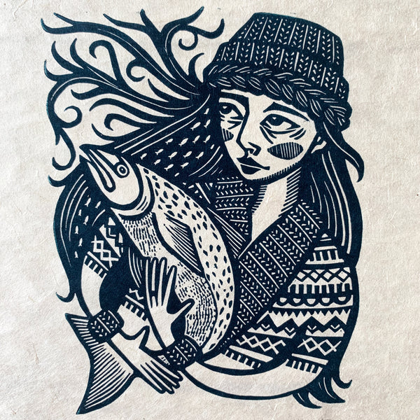 SOLD OUT The Fish Wife II - *Limited Edition* linocut print (navy on Kitakata; 17 cm x 17 cm)