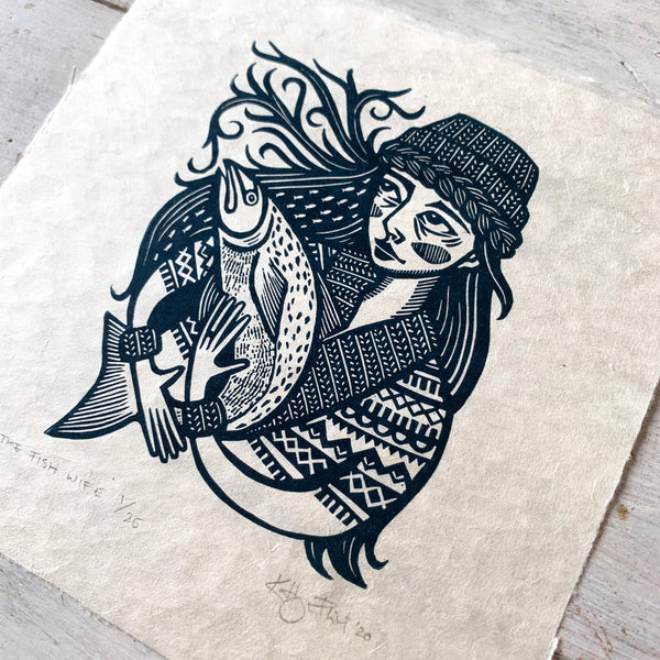 SOLD OUT The Fish Wife II - *Limited Edition* linocut print (navy on Kitakata; 17 cm x 17 cm)