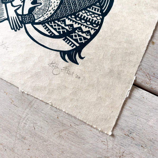SOLD OUT The Fish Wife II - *Limited Edition* linocut print (navy on Kitakata; 17 cm x 17 cm)