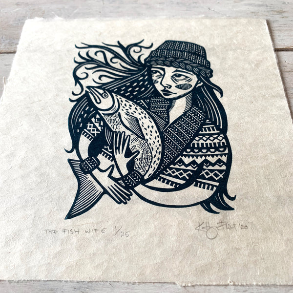 SOLD OUT The Fish Wife II - *Limited Edition* linocut print (navy on Kitakata; 17 cm x 17 cm)