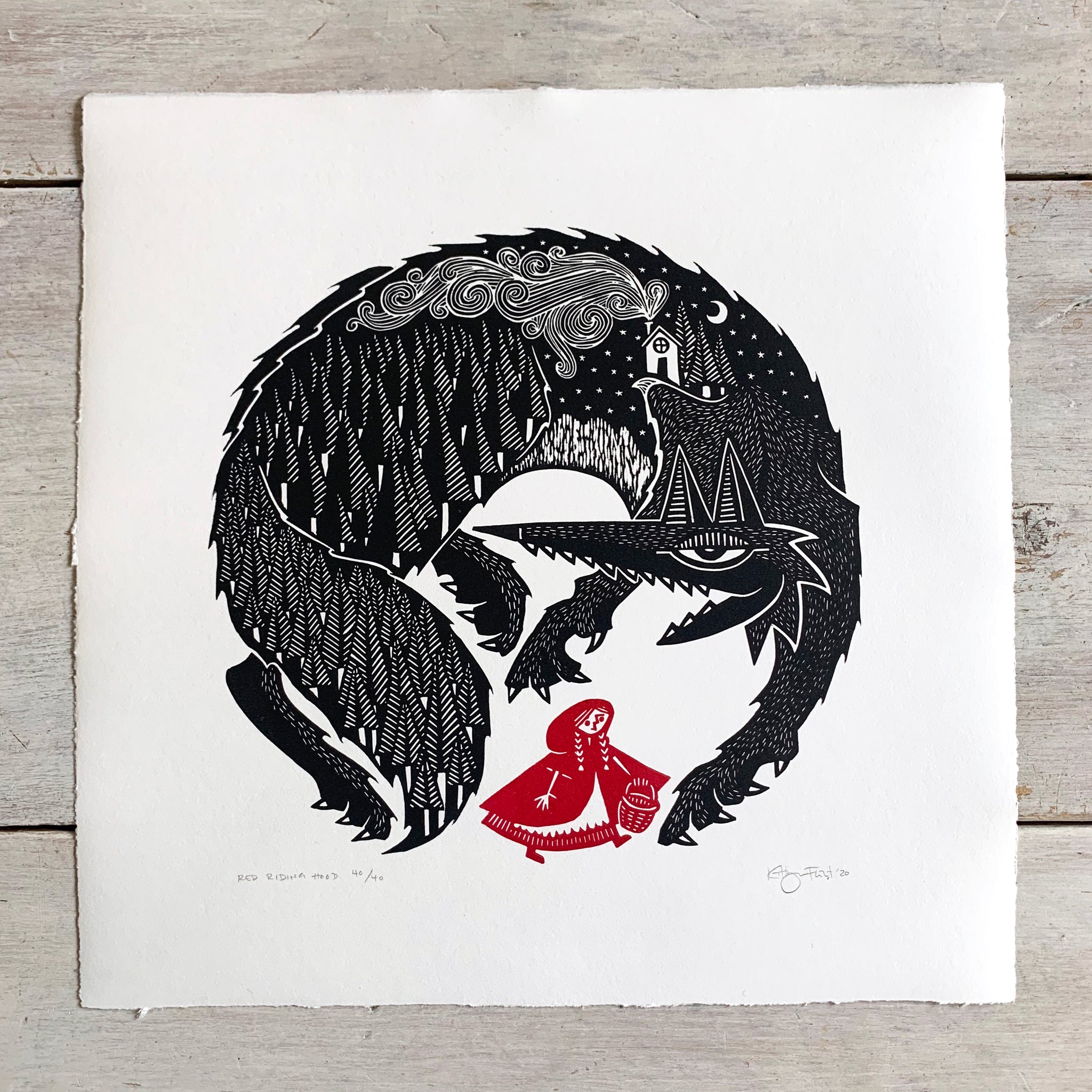 SOLD OUT - Red Riding Hood - *Limited Edition* linocut print (black / red; 30cm x 30cm)