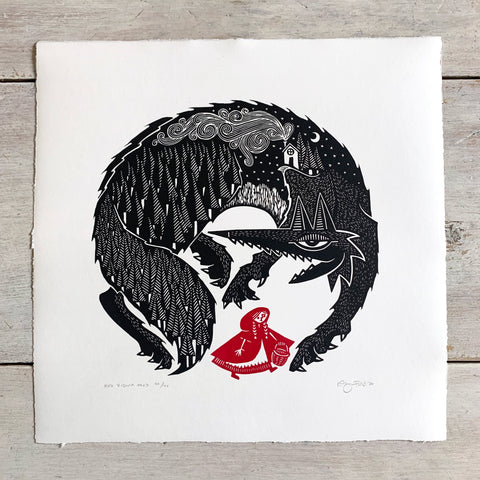 SOLD OUT - Red Riding Hood - *Limited Edition* linocut print (black / red; 30cm x 30cm)