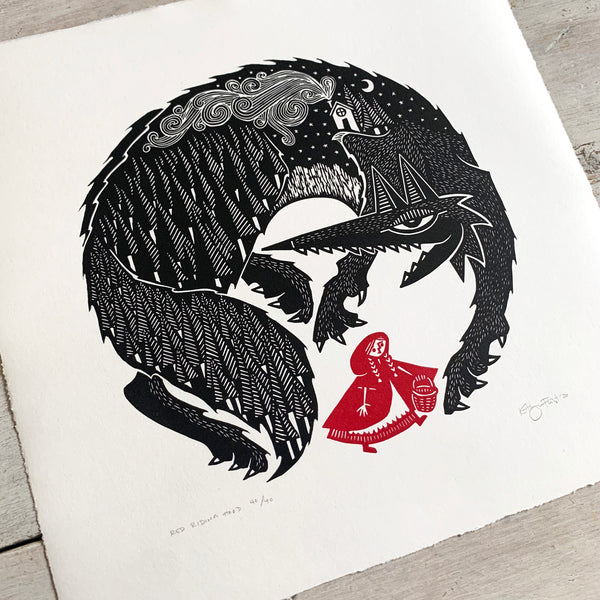 SOLD OUT - Red Riding Hood - *Limited Edition* linocut print (black / red; 30cm x 30cm)