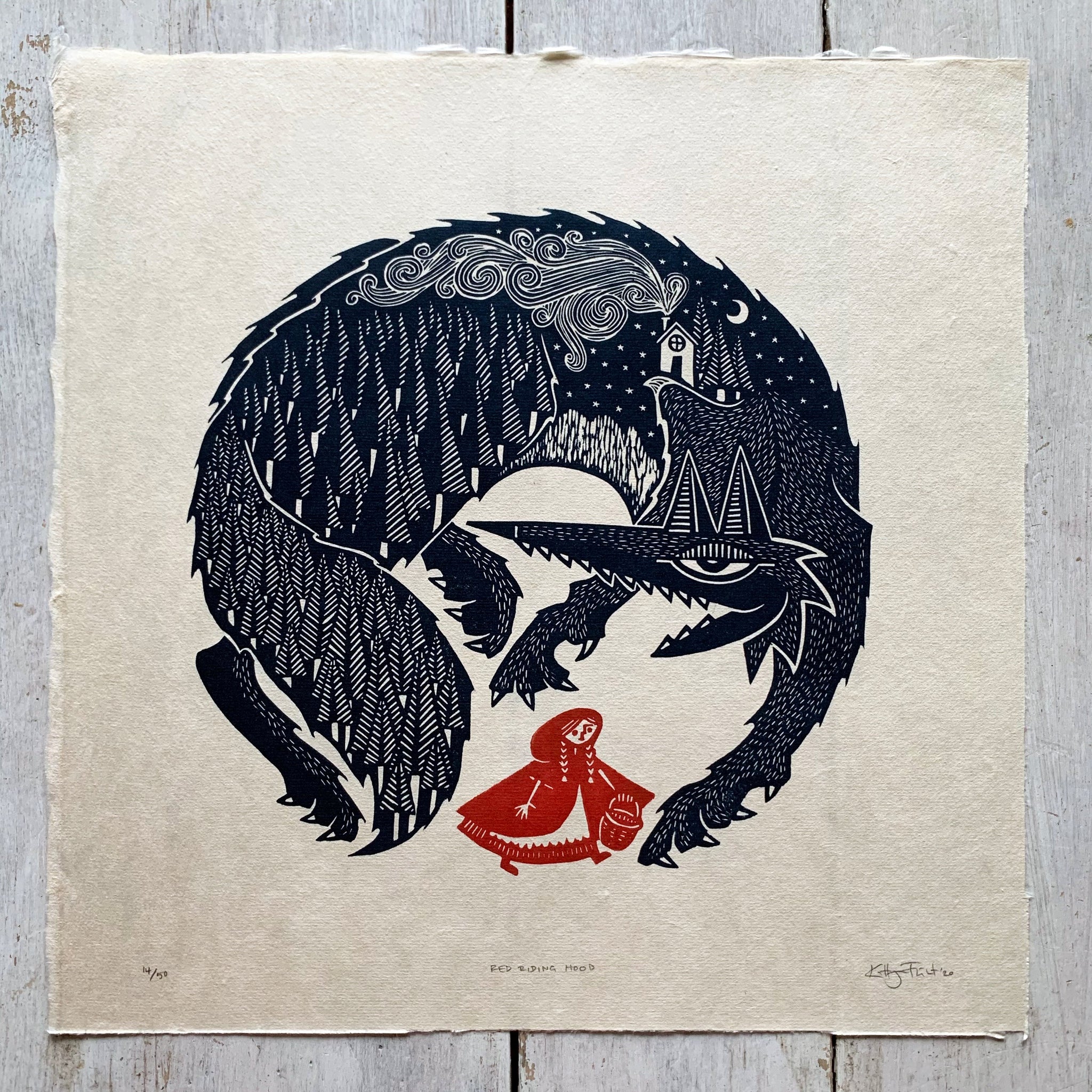 PRE-ORDER - Red Riding Hood - *Limited Edition* linocut print (black / red on Kitakata; 30cm x 30cm)