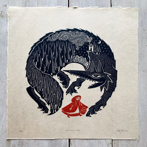 PRE-ORDER - Red Riding Hood - *Limited Edition* linocut print (black / red on Kitakata; 30cm x 30cm)