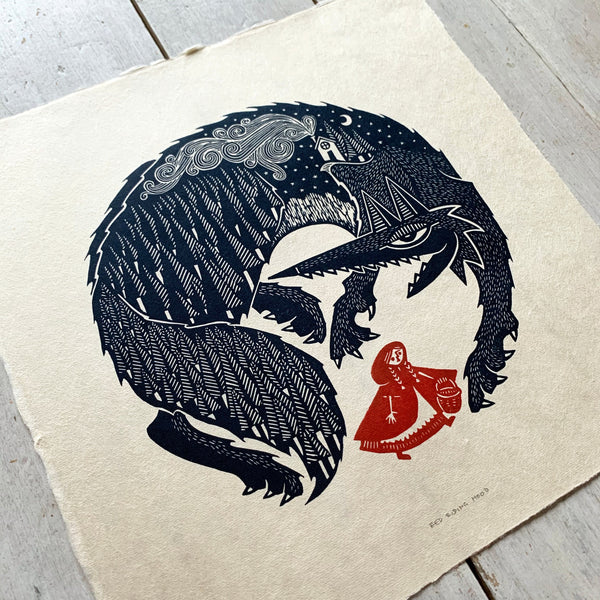 PRE-ORDER - Red Riding Hood - *Limited Edition* linocut print (black / red on Kitakata; 30cm x 30cm)
