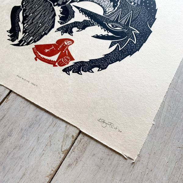 PRE-ORDER - Red Riding Hood - *Limited Edition* linocut print (black / red on Kitakata; 30cm x 30cm)