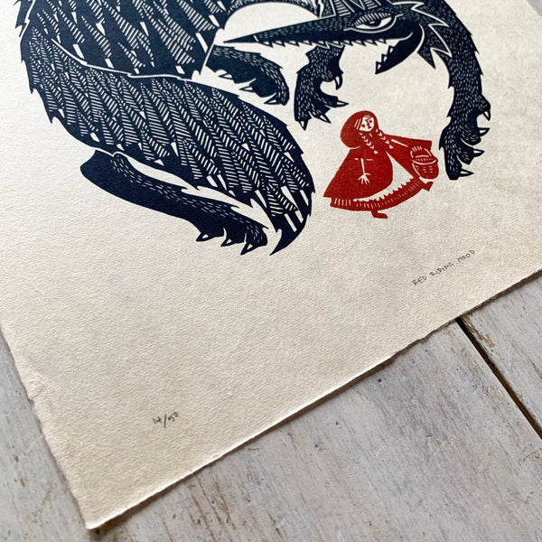 PRE-ORDER - Red Riding Hood - *Limited Edition* linocut print (black / red on Kitakata; 30cm x 30cm)
