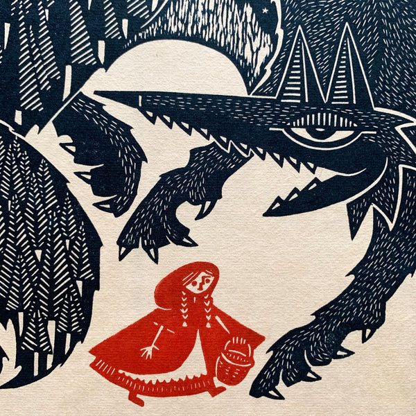 PRE-ORDER - Red Riding Hood - *Limited Edition* linocut print (black / red on Kitakata; 30cm x 30cm)