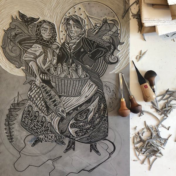 PRE-ORDER - The Shoals of Herring II - *Limited GOLD Edition* linocut print (teal with hand-applied gold dust; 67 cm x 47 cm)