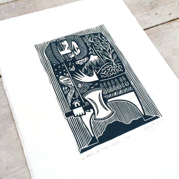 SOLD OUT - Man of the Land - *Limited Edition* linocut print (dark teal; 16 cm x 23.5 cm)