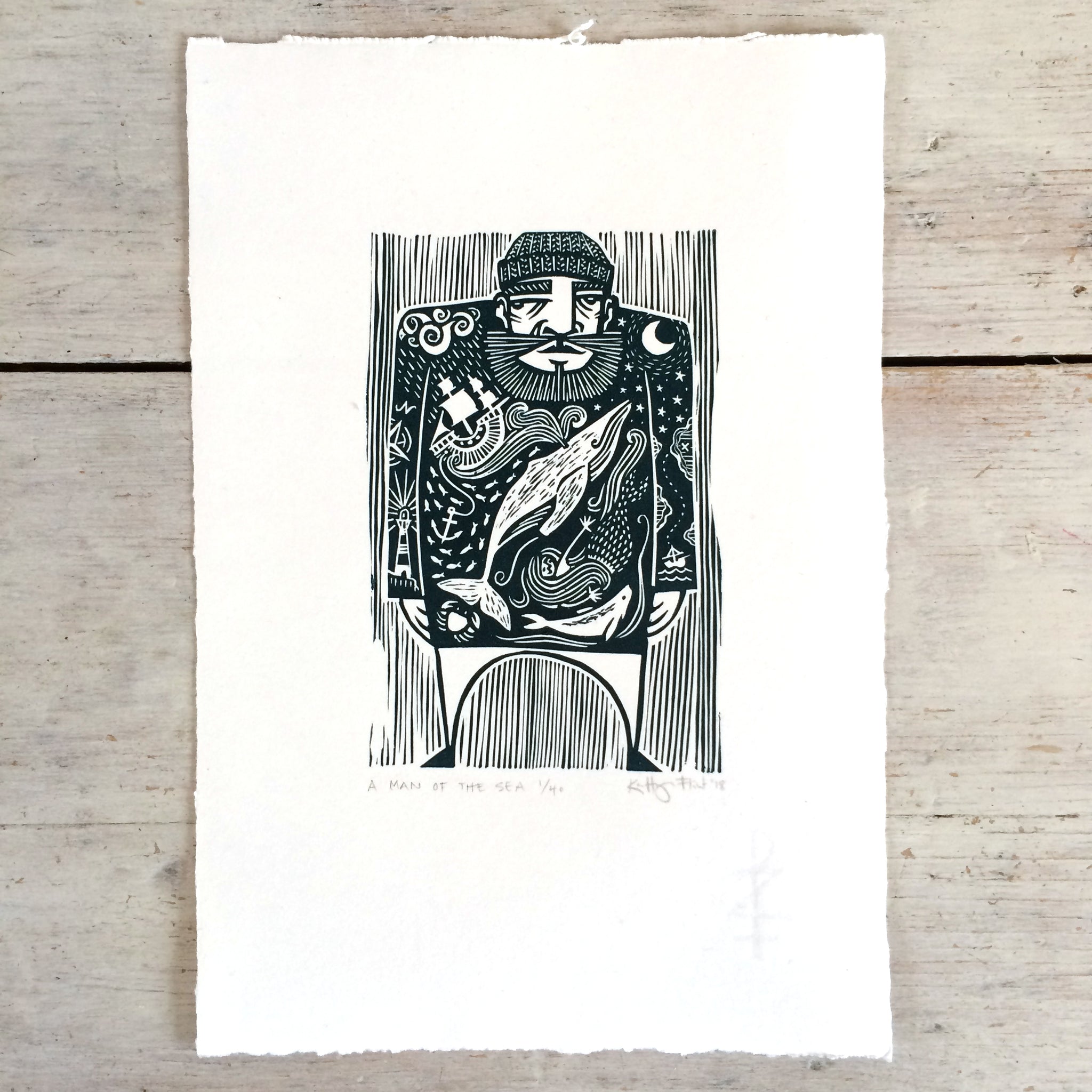 SOLD OUT - Man of the Sea - *Limited Edition* linocut print (dark teal; 16 cm x 23.5 cm)