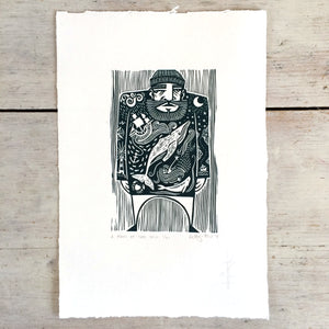 SOLD OUT - Man of the Sea - *Limited Edition* linocut print (dark teal; 16 cm x 23.5 cm)