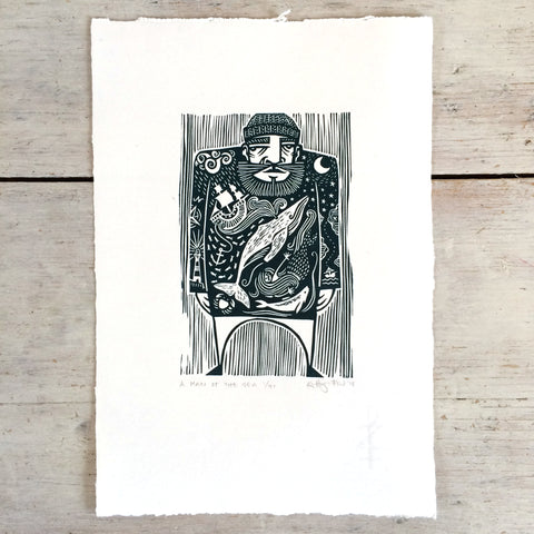SOLD OUT - Man of the Sea - *Limited Edition* linocut print (dark teal; 16 cm x 23.5 cm)