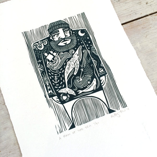 SOLD OUT - Man of the Sea - *Limited Edition* linocut print (dark teal; 16 cm x 23.5 cm)