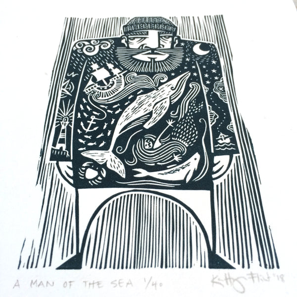 SOLD OUT - Man of the Sea - *Limited Edition* linocut print (dark teal; 16 cm x 23.5 cm)