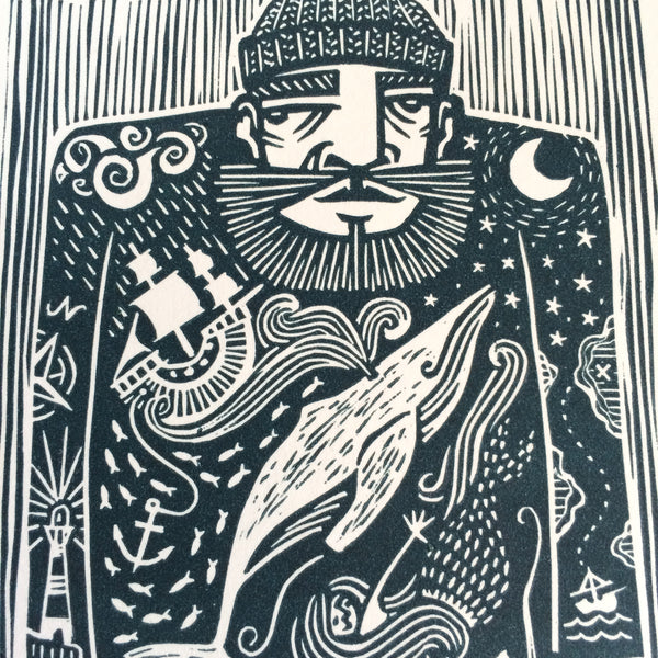 SOLD OUT - Man of the Sea - *Limited Edition* linocut print (dark teal; 16 cm x 23.5 cm)