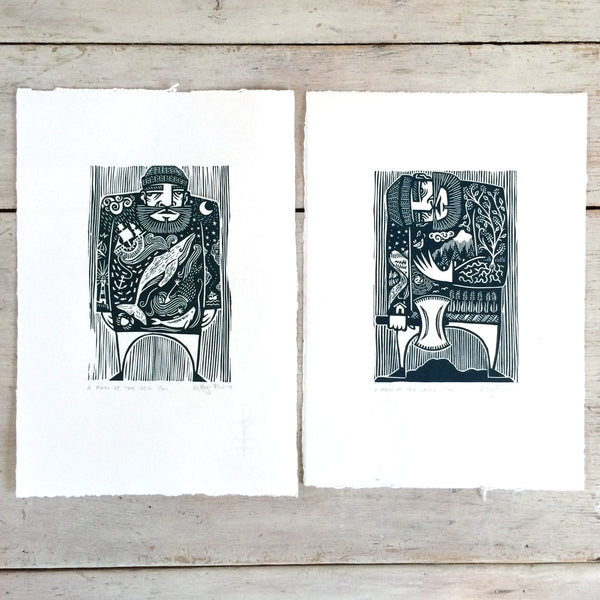 SOLD OUT - Man of the Land - *Limited Edition* linocut print (dark teal; 16 cm x 23.5 cm)