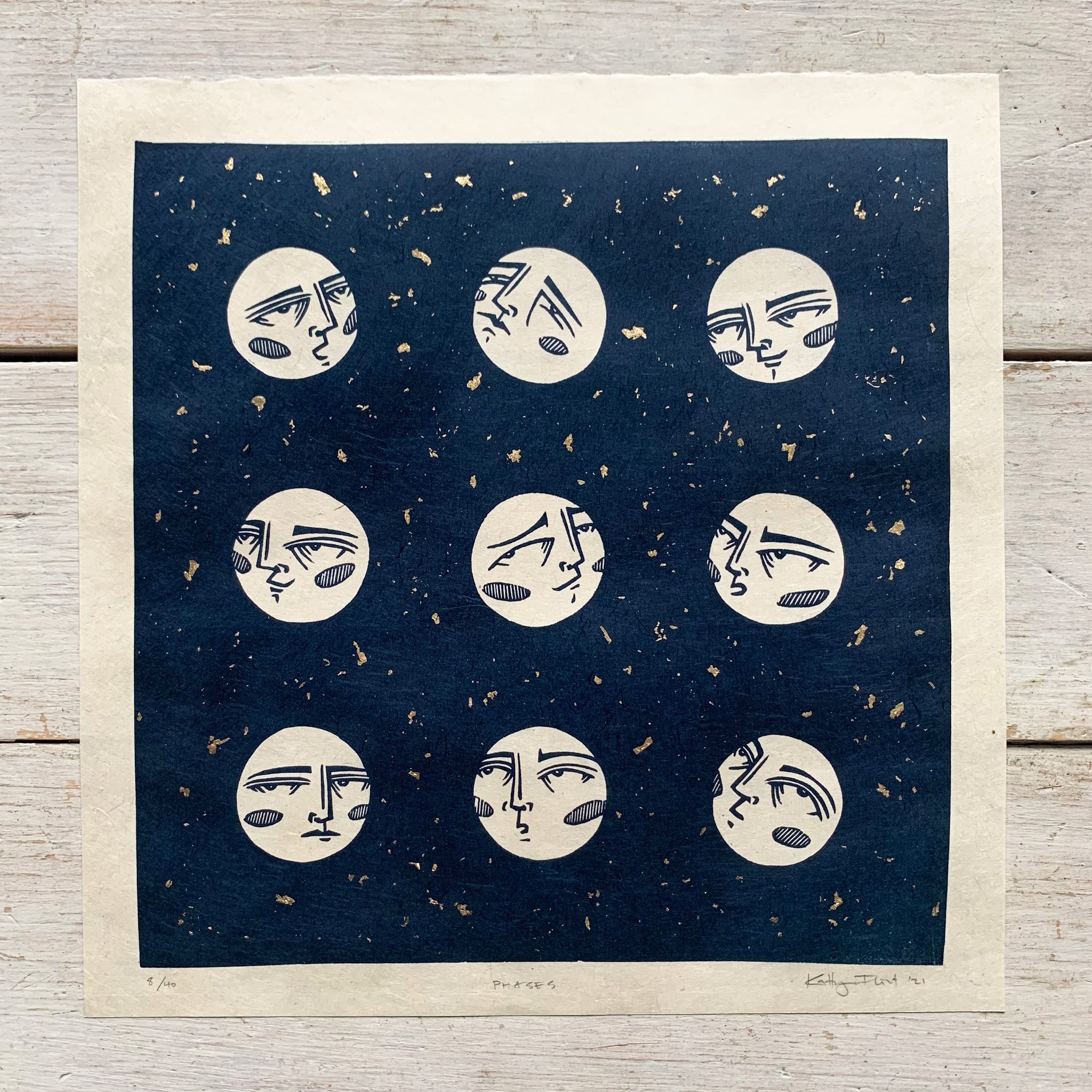 PRE-ORDER - Phases - *Limited Edition of 40* linocut print (dark navy on Kitakata; 23cm x 23cm)