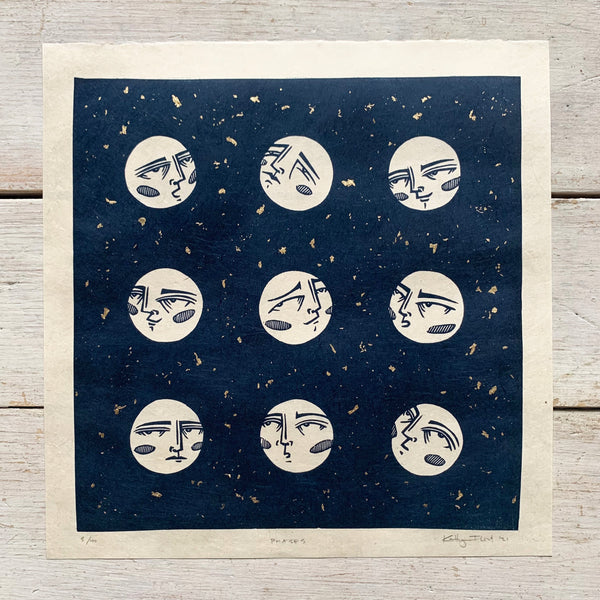PRE-ORDER - Phases - *Limited Edition of 40* linocut print (dark navy on Kitakata; 23cm x 23cm)