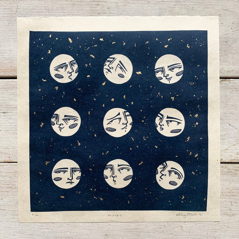 PRE-ORDER - Phases - *Limited Edition of 40* linocut print (dark navy on Kitakata; 23cm x 23cm)