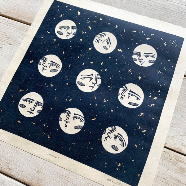 PRE-ORDER - Phases - *Limited Edition of 40* linocut print (dark navy on Kitakata; 23cm x 23cm)