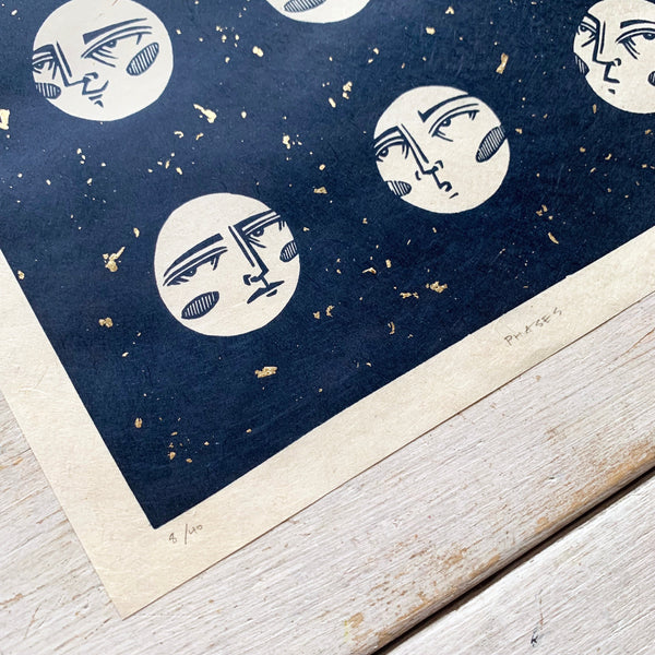 PRE-ORDER - Phases - *Limited Edition of 40* linocut print (dark navy on Kitakata; 23cm x 23cm)