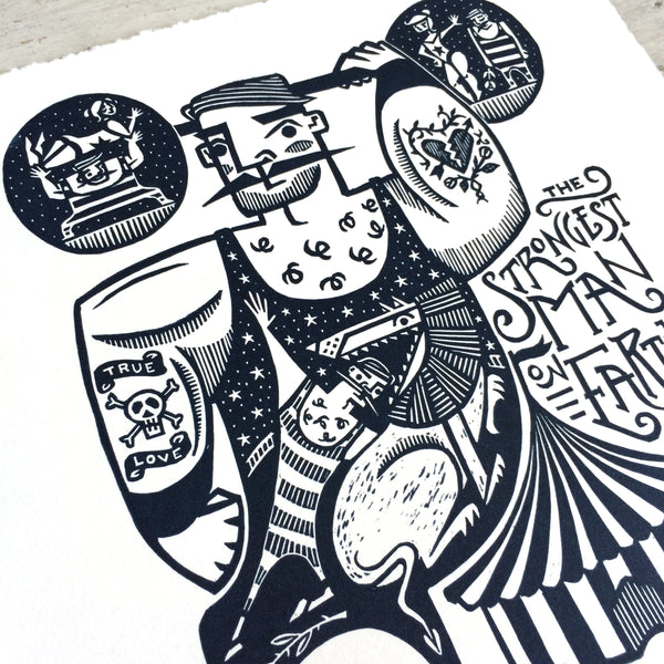 SOLD OUT - Big Strong Man - *Limited Edition* linocut print (dark navy; 20 cm x 20 cm)