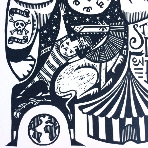 SOLD OUT - Big Strong Man - *Limited Edition* linocut print (dark navy; 20 cm x 20 cm)
