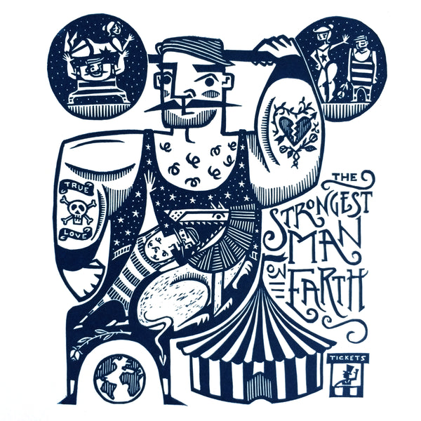 SOLD OUT - Big Strong Man - *Limited Edition* linocut print (dark navy; 20 cm x 20 cm)
