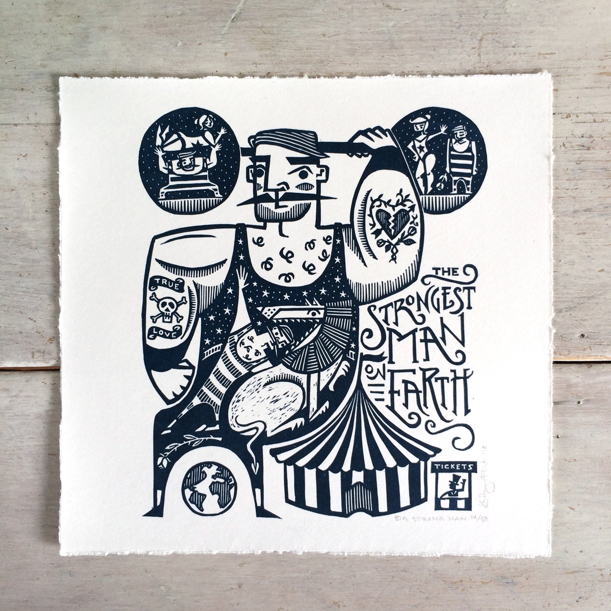 SOLD OUT - Big Strong Man - *Limited Edition* linocut print (dark navy; 20 cm x 20 cm)