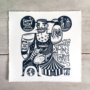 SOLD OUT - Big Strong Man - *Limited Edition* linocut print (dark navy; 20 cm x 20 cm)