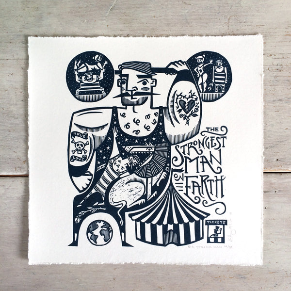 SOLD OUT - Big Strong Man - *Limited Edition* linocut print (dark navy; 20 cm x 20 cm)