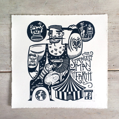 SOLD OUT - Big Strong Man - *Limited Edition* linocut print (dark navy; 20 cm x 20 cm)