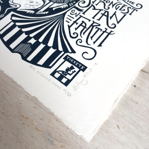 SOLD OUT - Big Strong Man - *Limited Edition* linocut print (dark navy; 20 cm x 20 cm)