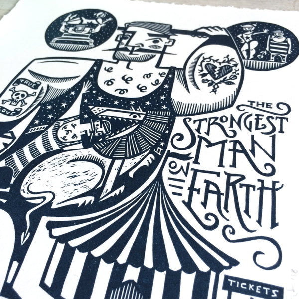 SOLD OUT - Big Strong Man - *Limited Edition* linocut print (dark navy; 20 cm x 20 cm)