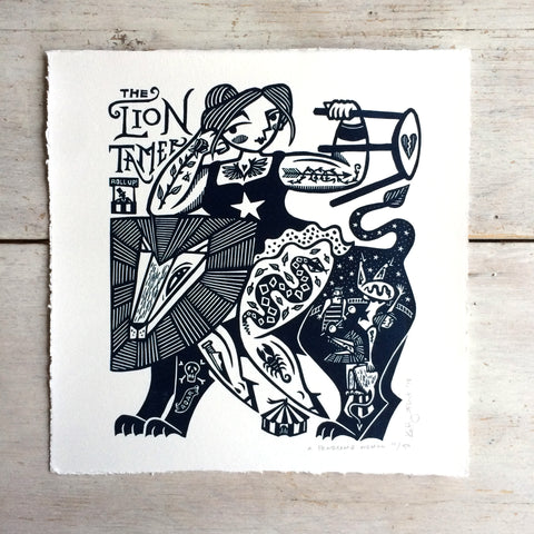 SOLD OUT - A Fearsome Woman - *Limited Edition* linocut print (dark navy; 20 cm x 20 cm)