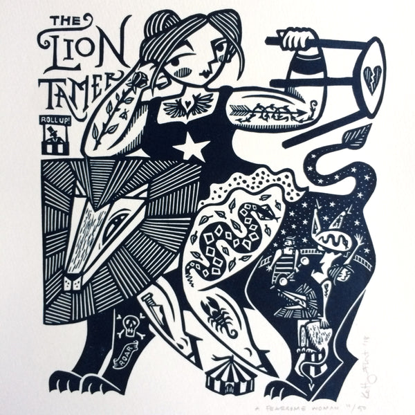 SOLD OUT - A Fearsome Woman - *Limited Edition* linocut print (dark navy; 20 cm x 20 cm)