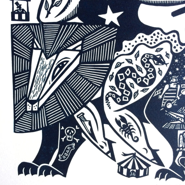 SOLD OUT - A Fearsome Woman - *Limited Edition* linocut print (dark navy; 20 cm x 20 cm)
