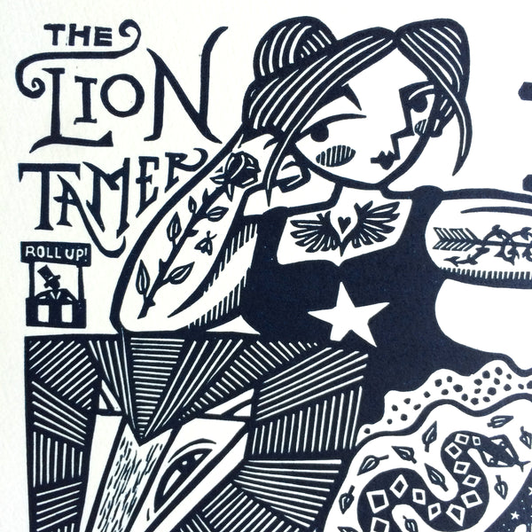 SOLD OUT - A Fearsome Woman - *Limited Edition* linocut print (dark navy; 20 cm x 20 cm)