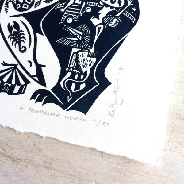 SOLD OUT - A Fearsome Woman - *Limited Edition* linocut print (dark navy; 20 cm x 20 cm)