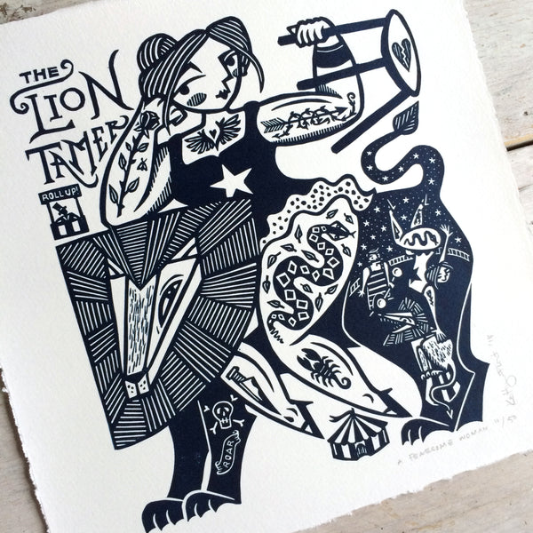 SOLD OUT - A Fearsome Woman - *Limited Edition* linocut print (dark navy; 20 cm x 20 cm)
