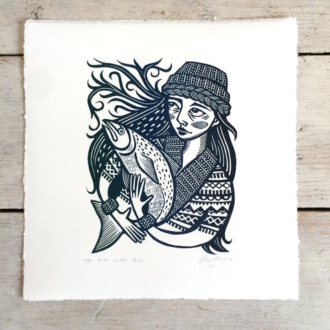 SOLD OUT - The Fish Wife - *Limited Edition* linocut print (blue-green blend; 17 cm x 17 cm)