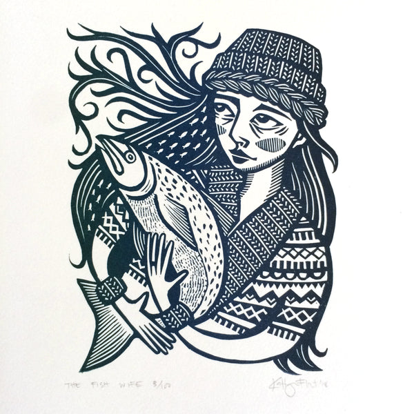 SOLD OUT - The Fish Wife - *Limited Edition* linocut print (blue-green blend; 17 cm x 17 cm)