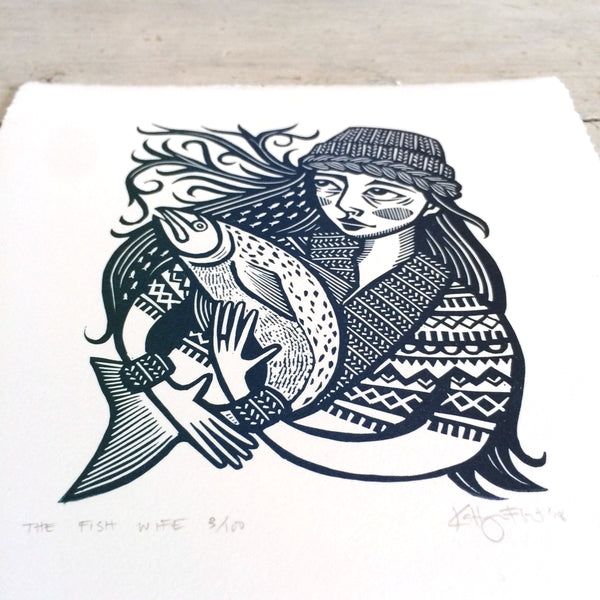 SOLD OUT - The Fish Wife - *Limited Edition* linocut print (blue-green blend; 17 cm x 17 cm)